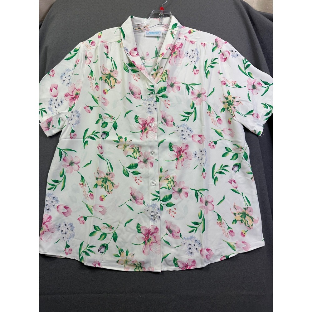National Women Floral Button Down‎ Blouse Short Sleeve Pink White Garden Print L